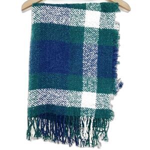 Igloo Knit Blanket Fringe Navy Green White Scarf